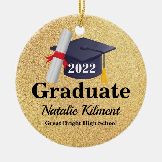 Schwarz-Gold-Graduation-Cap-Klasse des Fotos 2022 Keramik Ornament (Vorne)