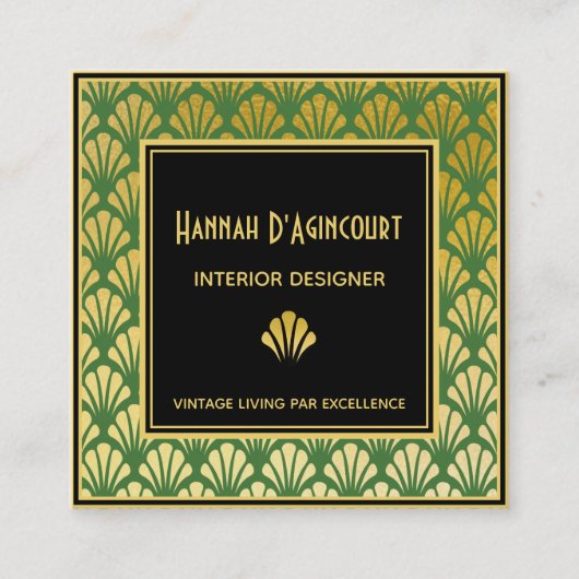 Schwarz, Gold, Green Art Deco Fans Muster Chic Quadratische Visitenkarte (Vorderseite)