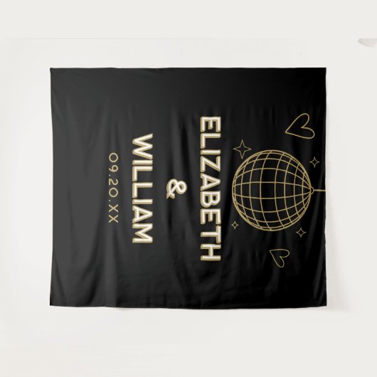 Schwarz-Gold Groovy Disco Hochzeitsfeier Foto Hint Wandteppich (Vorderseite (Horizontal))