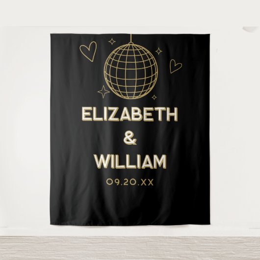 Schwarz-Gold Groovy Disco Hochzeitsfeier Foto Hint Wandteppich (Vorderseite)