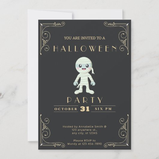 Schwarz-Gold-Halbpappe, Niedliche Mummy Halloween Einladung (Vorderseite)