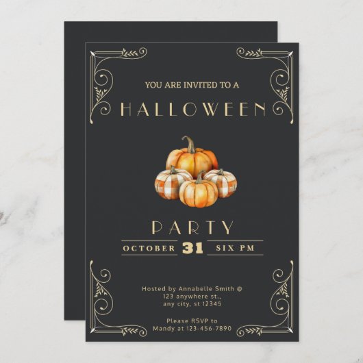 Schwarz-Gold-Halbpension Rustikale Kürbis Hallowee Einladung (Vorne/Hinten)