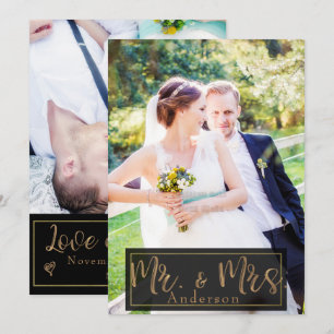 Schwarz & Gold Herr & Frau Hochzeitsfoto Danke Einladung