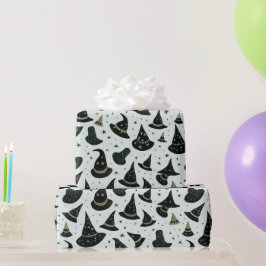 Schwarz-Gold-Hexe-Hats-Sterne-Grünes Halloween Geschenkpapier