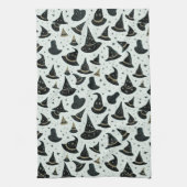 Schwarz-Gold-Hexe-Hats-Sterne-Grünes Halloween Geschirrtuch (Vertikal)