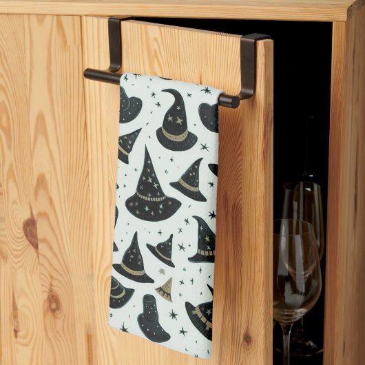 Schwarz-Gold-Hexe-Hats-Sterne-Grünes Halloween Geschirrtuch (Drittel gefaltet)