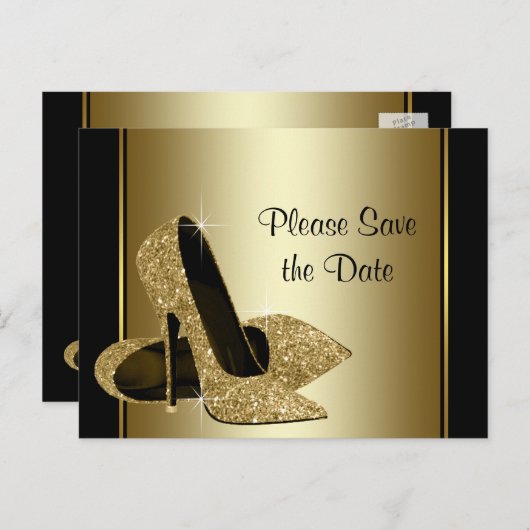 Schwarz-Gold High Heel Shoe Save the Date Ankündigungspostkarte (Vorne/Hinten)