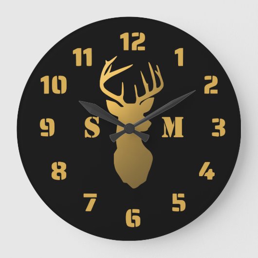 Schwarz-Gold-Hirschfäule-Hütte 2 Monogramm Große Wanduhr (Vorderseite)