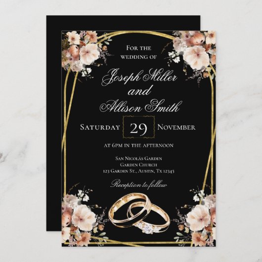 Schwarz-Gold-Hochzeit Einladung (Vorne/Hinten)