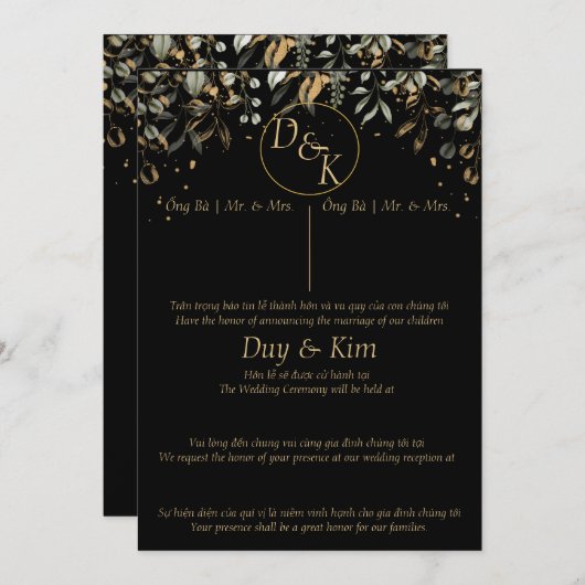 Schwarz/Gold Hochzeit Einladung Englisch/Vietnames (Vorne/Hinten)