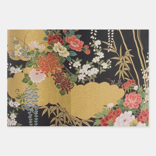 Schwarz-Gold-Japanische Kimono-Dekoupage Geschenkpapier Set (Vorderseite 2)