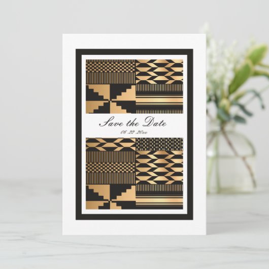 Schwarz - Gold Kente (weiß) Save The Date (Stehend Vorderseite)