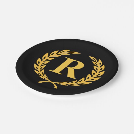Schwarz-Gold-Laurel-Wreath-Monogramm Pappteller (Schrägansicht)