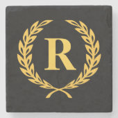 Schwarz-Gold-Laurel-Wreath-Monogramm Steinuntersetzer (Vorderseite)