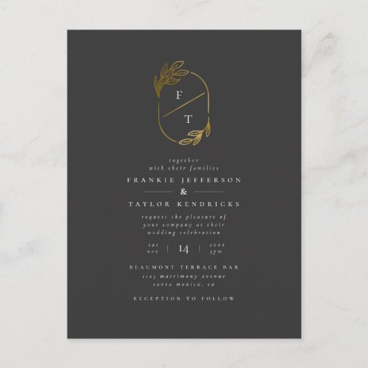 Schwarz-Gold-Leaf-Monogramm | Moderne Hochzeit im Einladungspostkarte (Vorderseite)