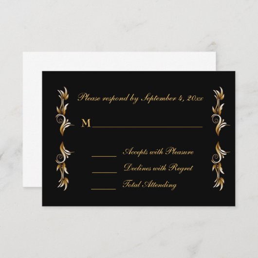 Schwarz, Gold Leaf Scroll Response RSVP Karte (Vorne/Hinten)