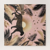 Schwarz-Gold-Leopard vor rosa Hintergrund Puzzle (Horizontal)
