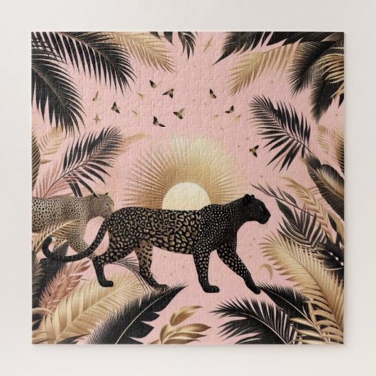 Schwarz-Gold-Leopard vor rosa Hintergrund Puzzle (Vertikal)