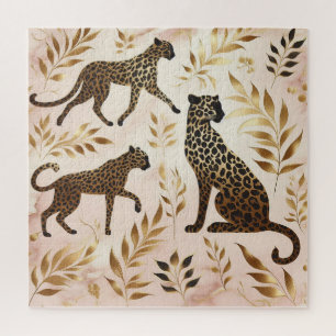 Schwarz-Gold-Leopard vor rosa Hintergrund Puzzle