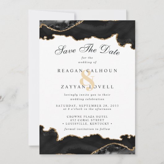 Schwarz-Gold-Marmor Agate Modern Save the Date (Vorderseite)
