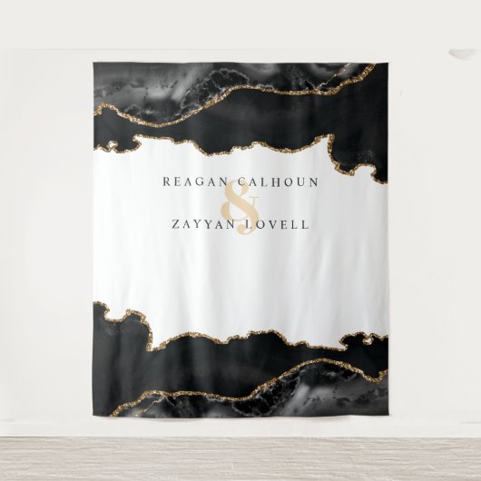 Schwarz-Gold Marmor Agate Modernes Hochzeitsfest F Wandteppich (Vorderseite)