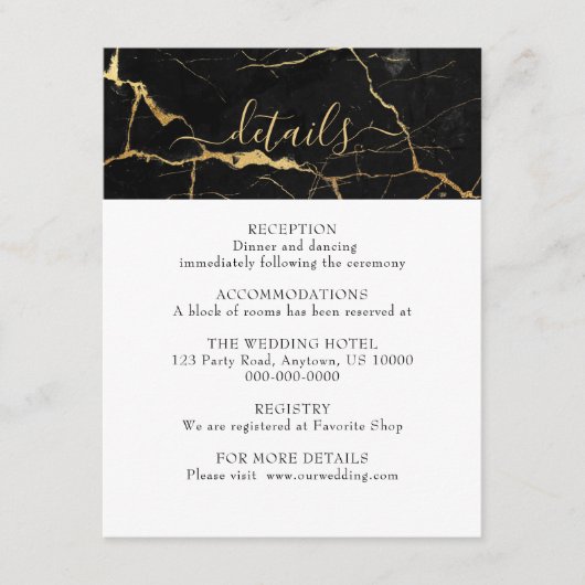 Schwarz-Gold-Marmor-Design-Hochzeit Begleitkarte (Vorderseite)