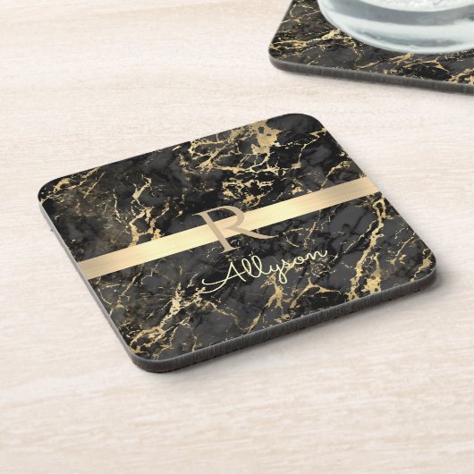 Schwarz-Gold-Marmor, Gold-Bar, DIY-Name und Monogr Getränkeuntersetzer (Linke Seite)