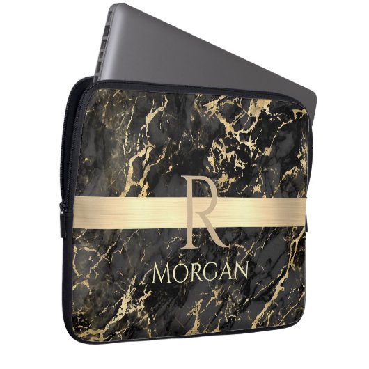 Schwarz-Gold-Marmor, Gold-Bar, DIY-Name und Monogr Laptopschutzhülle (Vorne Rechts)