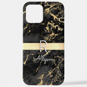 Schwarz-Gold-Marmor, Gold-Bar, Monogramm für Weißn iPhone 12 Pro Max Hülle