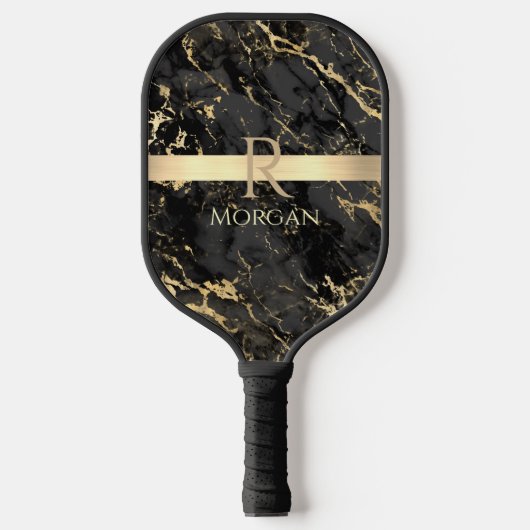 Schwarz-Gold-Marmor, Gold-Bar, Name und Monogramm Pickleball Schläger (Vorderseite)