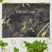 Schwarz-Gold-Marmor, Gold-Monogramm, Name & Streif Geschirrtuch (Gefaltet)