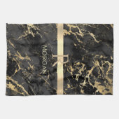 Schwarz-Gold-Marmor, Gold-Monogramm, Name & Streif Geschirrtuch (Horizontal)