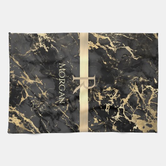 Schwarz-Gold-Marmor, Gold-Monogramm, Name & Streif Geschirrtuch (Horizontal)
