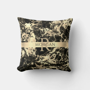 Schwarz+Gold-Marmor, Goldstreifen, Name+Monogramm, Kissen