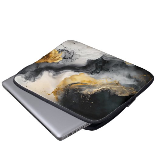 Schwarz-Gold-Marmor Laptopschutzhülle (Vorne Knopf)