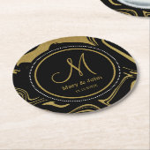 Schwarz-Gold-Marmor-Muster für die Hochzeit Monogr Runder Pappuntersetzer (Angewinkelt)