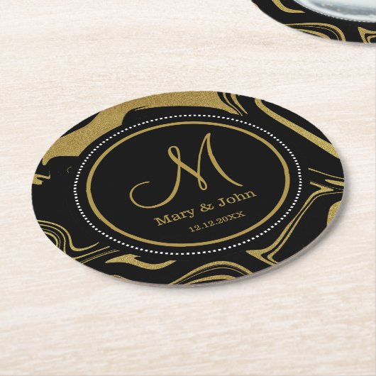 Schwarz-Gold-Marmor-Muster für die Hochzeit Monogr Runder Pappuntersetzer (Angewinkelt)