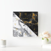 Schwarz-Gold-Marmor Quadratische Wanduhr (Zuhause)