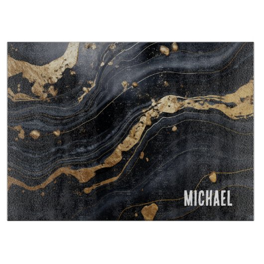 Schwarz-Gold-Marmor-Textur Personalisiert Schneidebrett (Vorderseite)
