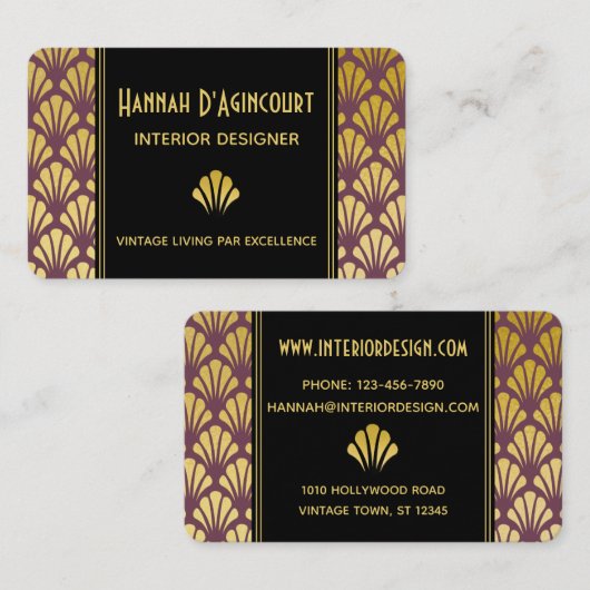 Schwarz, Gold, Mauve Art Deco Fans Muster Chic Visitenkarte (Vorne/Hinten)