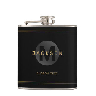 Schwarz/Gold, modern, einfach personalisiert Flachmann