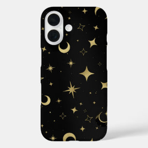 Schwarz & Gold Moderne Himmlische Mond Sterne iPhone 16 Hülle