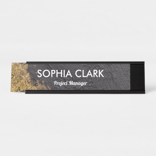 Schwarz & Gold Moderne Luxus Textur Golden Custom Schreibtischnamensplakette (Vorderseite )