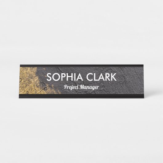 Schwarz & Gold Moderne Luxus Textur Golden Custom Schreibtischnamensplakette (Vorderseite )