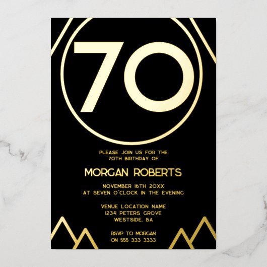 Schwarz & Gold Moderne Männer oder Frauen 70. Gebu Folieneinladung (Vorderseite)