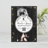 Schwarz & Gold Moderner Himmelsmond Save the Date (Stehend Vorderseite)