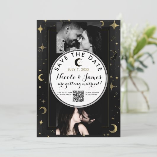 Schwarz & Gold Moderner Himmelsmond Save the Date (Stehend Vorderseite)