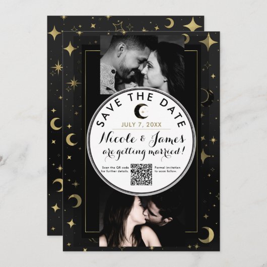 Schwarz & Gold Moderner Himmelsmond Save the Date (Vorne/Hinten)