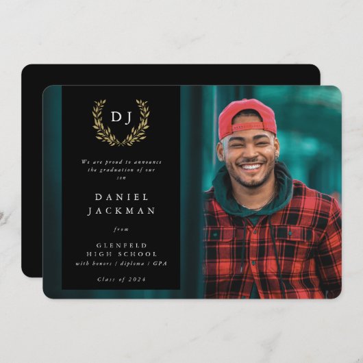 Schwarz/Gold Monogram Laurel Wreath Abschluss Foto Ankündigung (Vorne/Hinten)