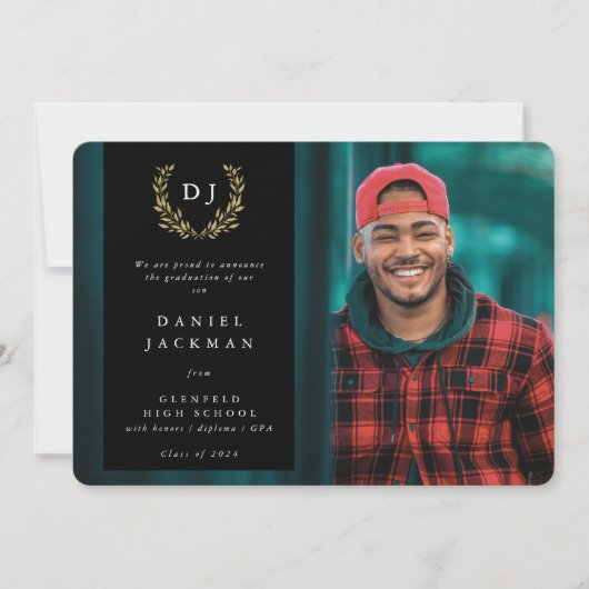 Schwarz/Gold Monogram Laurel Wreath Abschluss Foto Ankündigung (Vorderseite)